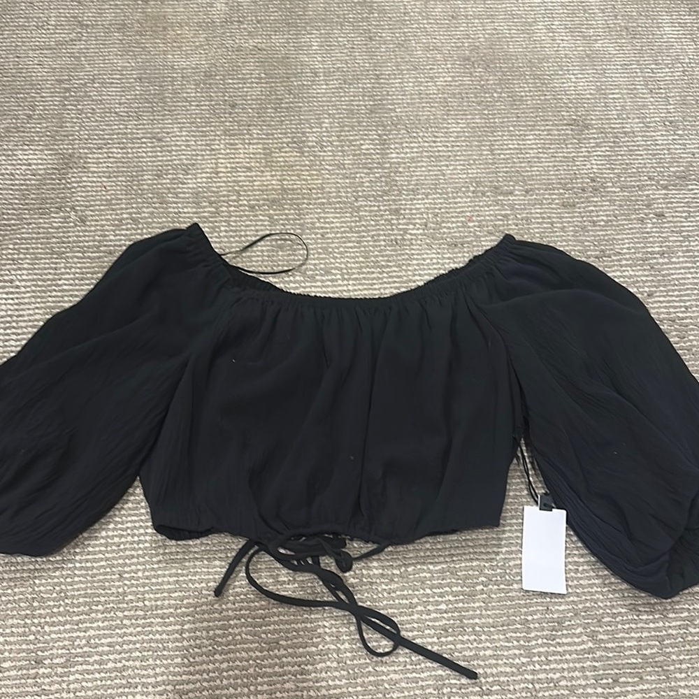Astr Black Smocked Tie Front Crop Blouse